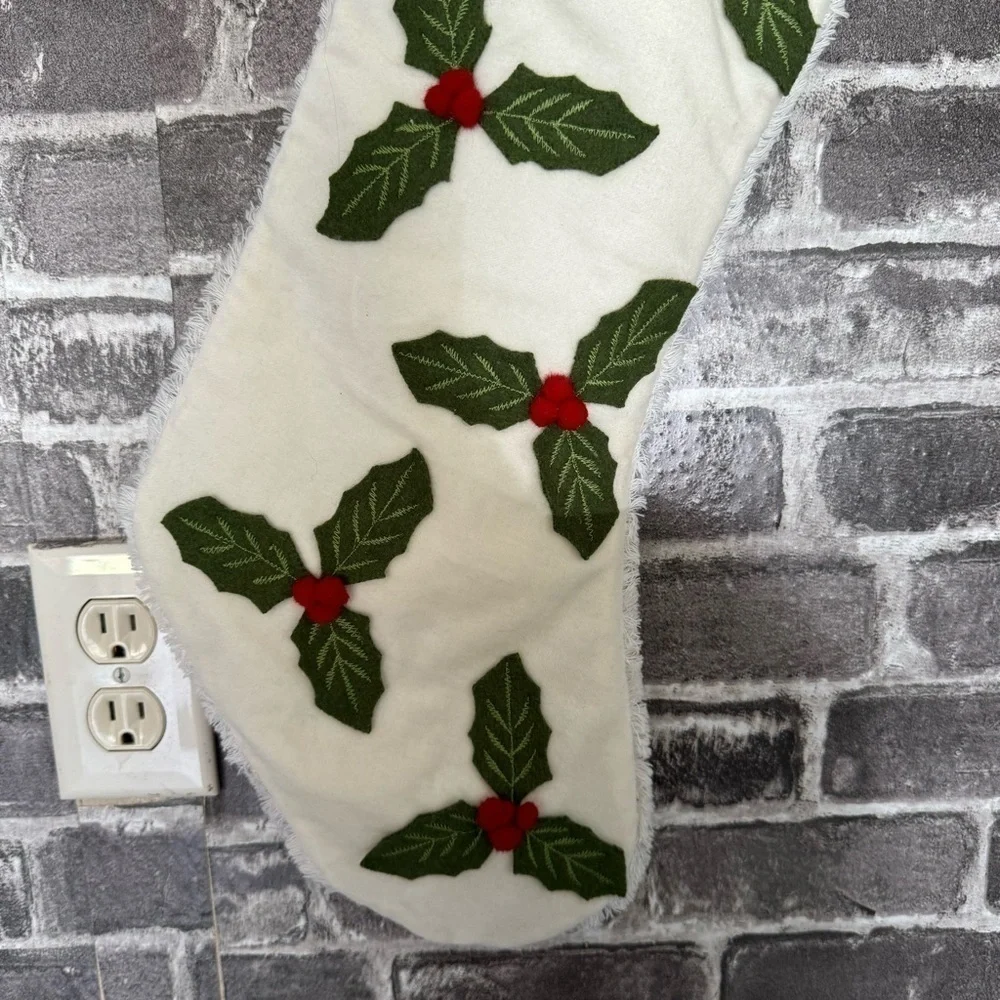 NWT Pier 1 Christmas stocking White green holly leaves